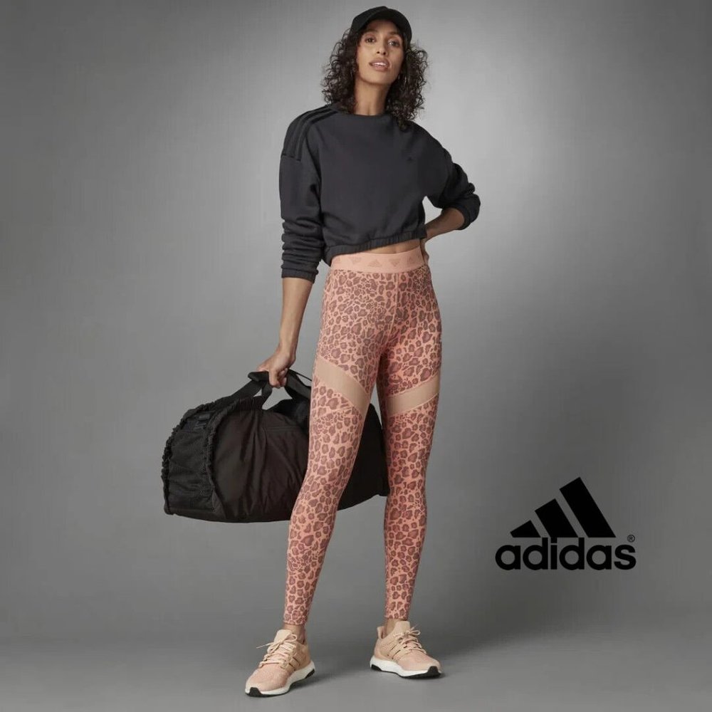 NWT $80 ADIDAS Women XS HYPERGLAM HIGH-RISE LONG TIGHTS in Blush Cheetah Leopard